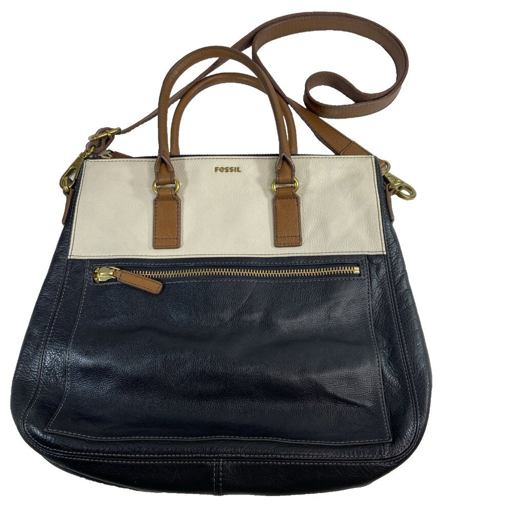 Fossil Lucy Convertible Crossbody Purse Messenger Pebbled Leather Ivory Black